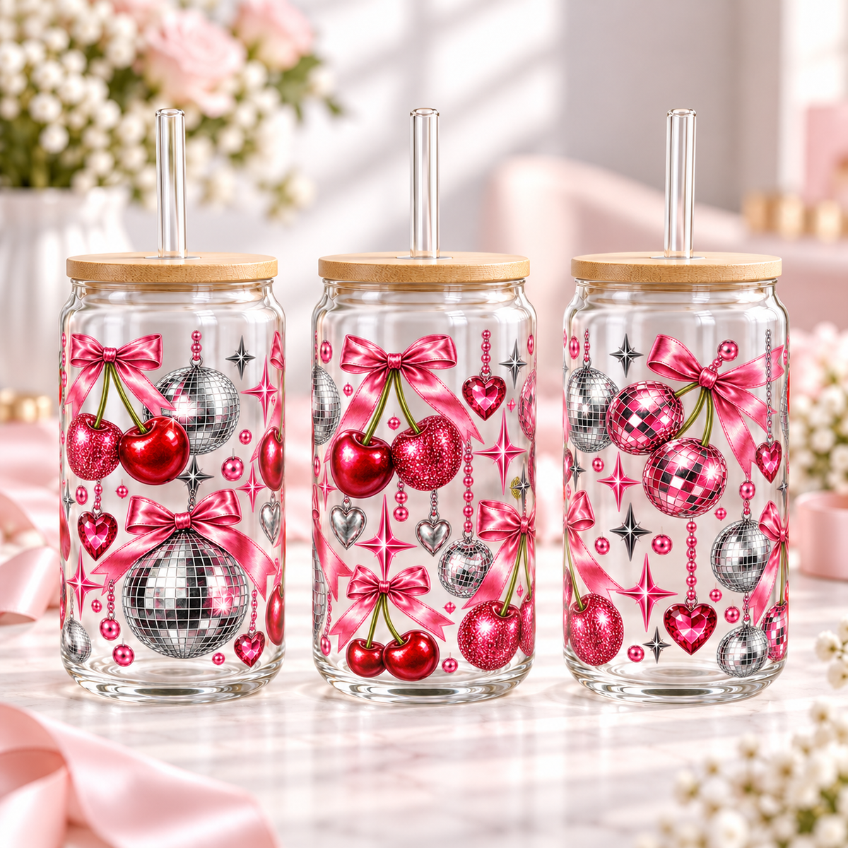Disco Cherry Party clear 16oz glass can — three views; listing includes one cup