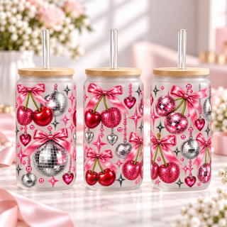 Disco Cherry Party frosted 16oz glass can — three views; listing includes one cup