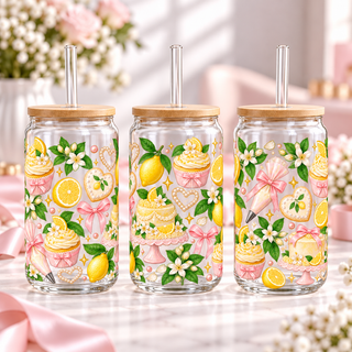 Lemon Blossom Bakery clear 16oz glass can — three views; listing includes one cup