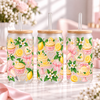 Lemon Blossom Bakery frosted 16oz glass can — three views; listing includes one cup