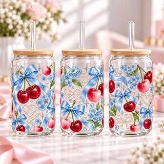 Pastel Blue Cherry clear 16oz glass can — three views; listing includes one cup
