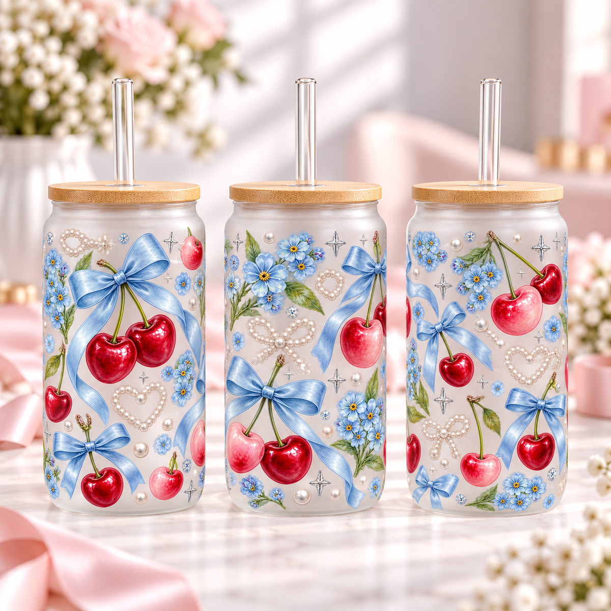 Pastel Blue Cherry frosted 16oz glass can — three views; listing includes one cup