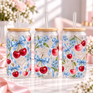Pastel Blue Cherry frosted 16oz glass can — three views; listing includes one cup