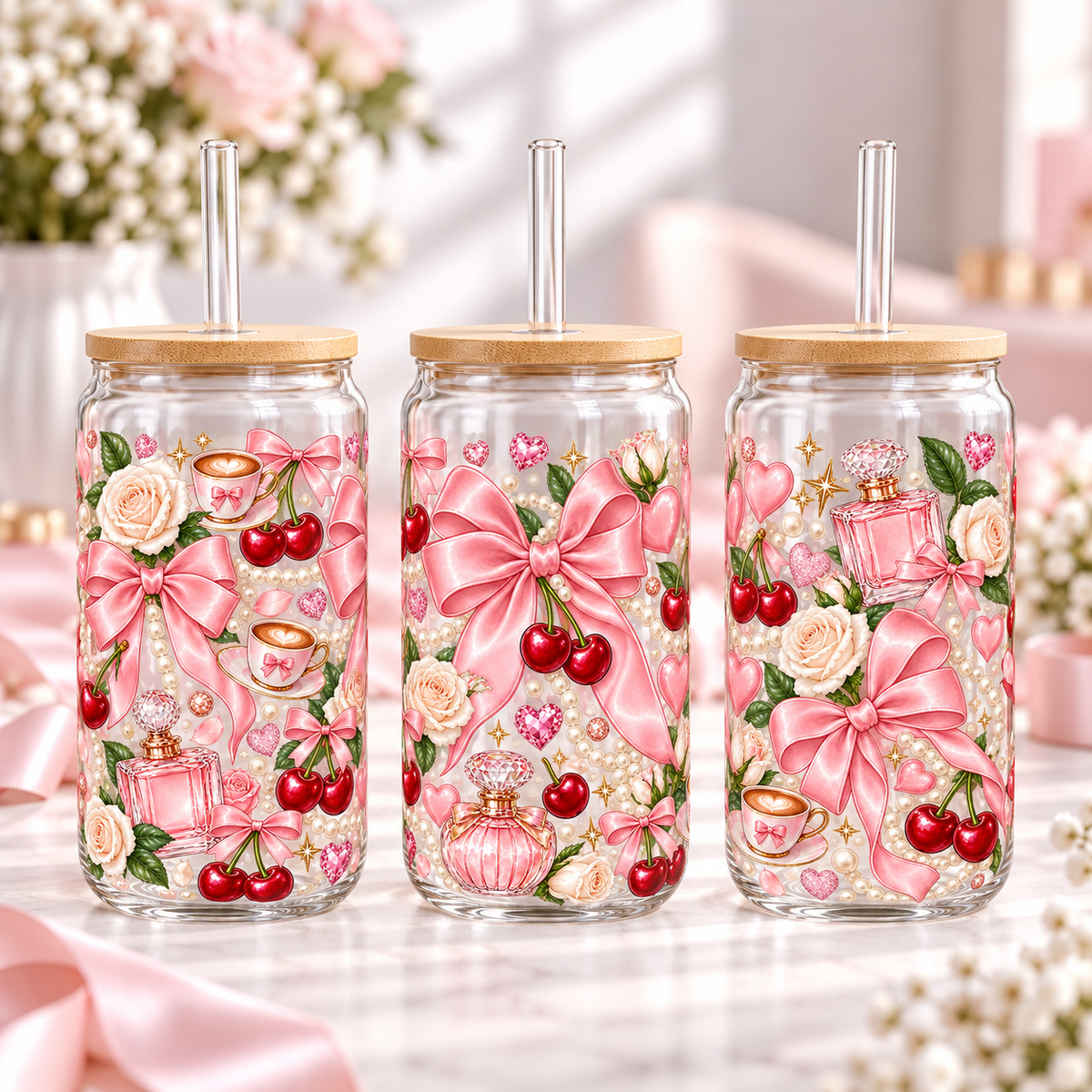 Pearl Bow Boutique clear 16oz glass can — three views; listing includes one cup