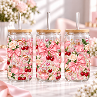 Pearl Bow Boutique clear 16oz glass can — three views; listing includes one cup