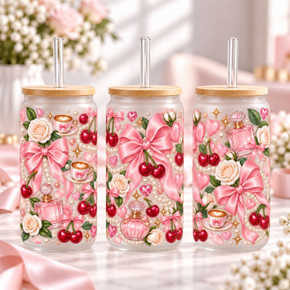 Pearl Bow Boutique frosted 16oz glass can — three views; listing includes one cup