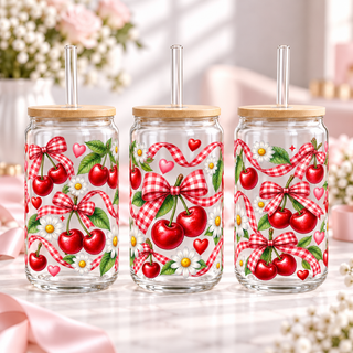Red Gingham Cherry Picnic clear 16oz glass can — three views; listing includes one cup