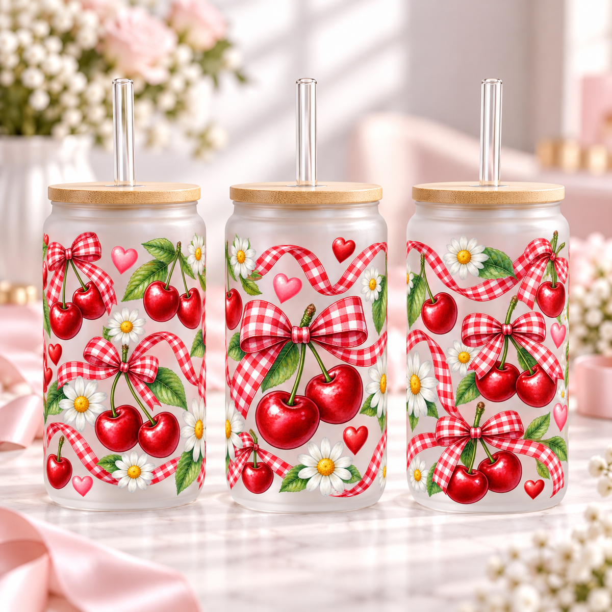 Red Gingham Cherry Picnic frosted 16oz glass can — three views; listing includes one cup