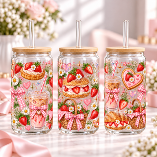 Strawberry Coffee Picnic clear 16oz glass can — three views; listing includes one cup