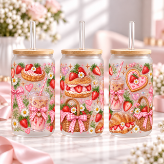Strawberry Coffee Picnic frosted 16oz glass can — three views; listing includes one cup