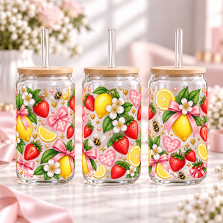 Strawberry Lemon Blossom clear 16oz glass can — three views; listing includes one cup