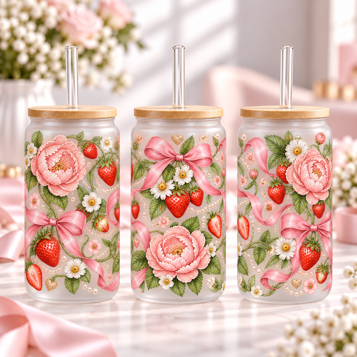 Strawberry Ribbon Garden frosted 16oz glass can — three views; listing includes one cup