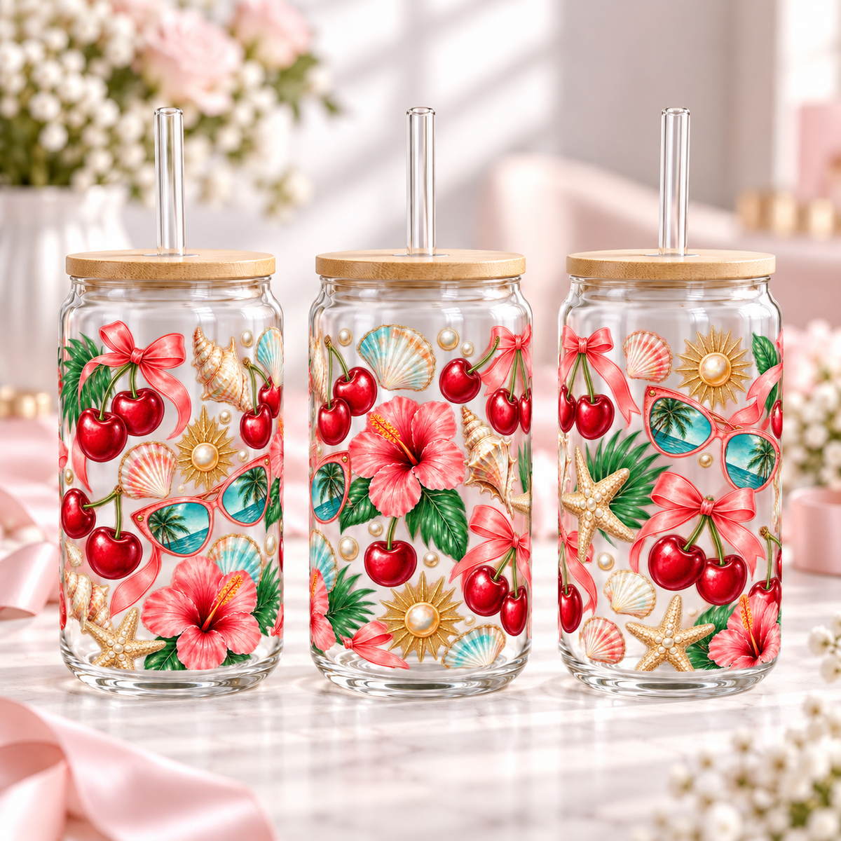 Beach Cherry Summer clear 16oz glass can — three views; listing includes one cup