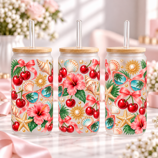 Beach Cherry Summer frosted 16oz glass can — three views; listing includes one cup