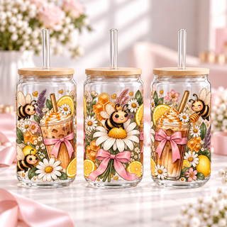 Boho Daisy Bee Café clear 16oz glass can — three views; listing includes one cup