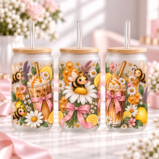 Boho Daisy Bee Café frosted 16oz glass can — three views; listing includes one cup