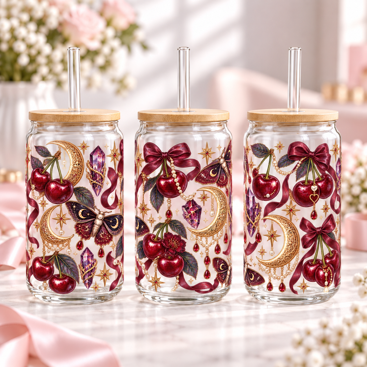 Celestial Cherry Moon clear 16oz glass can — three views; listing includes one cup