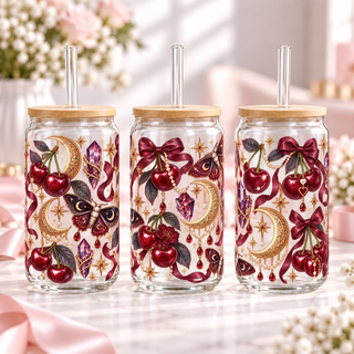 Celestial Cherry Moon clear 16oz glass can — three views; listing includes one cup