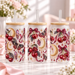 Celestial Cherry Moon frosted 16oz glass can — three views; listing includes one cup