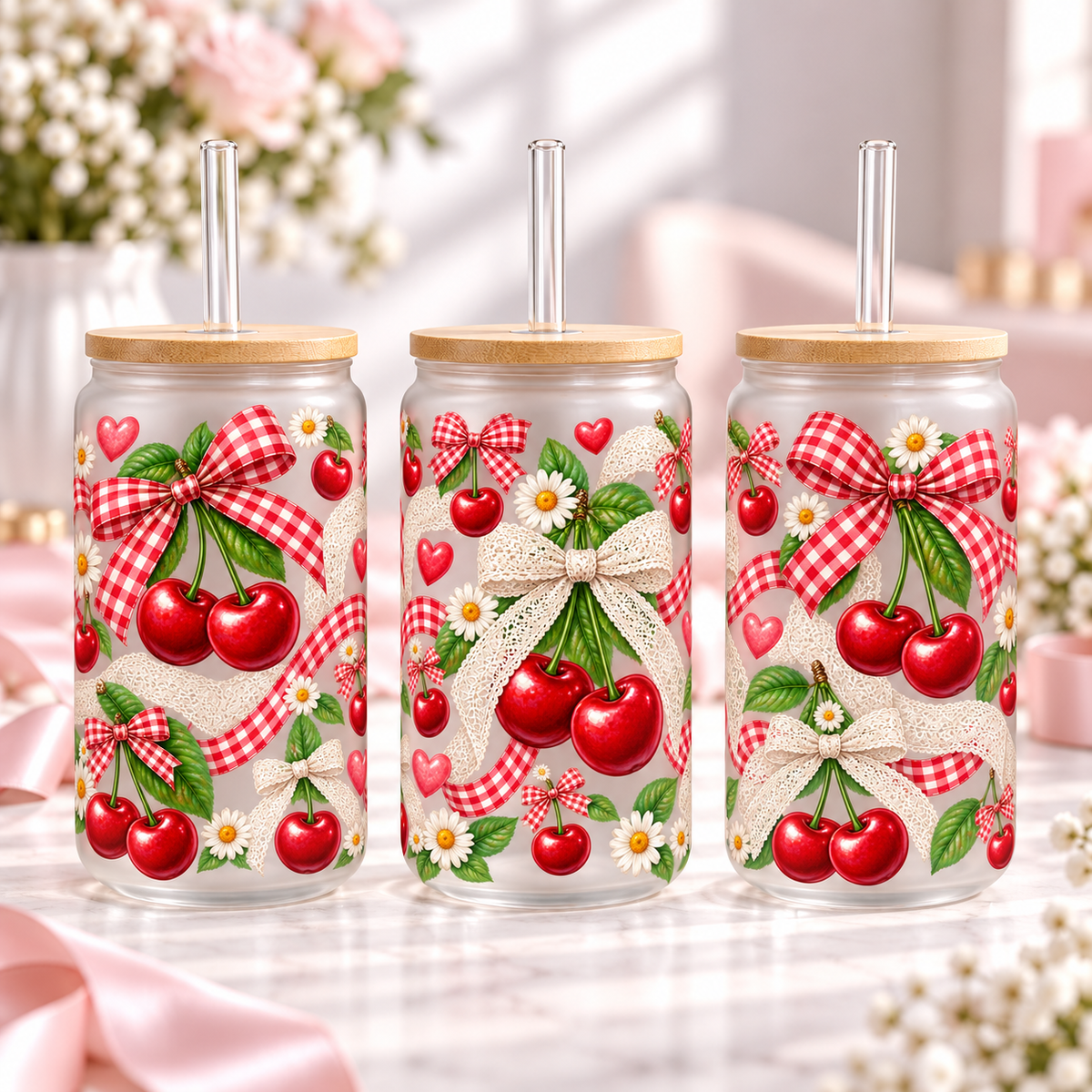 Cherry Lace Gingham frosted 16oz glass can — three views; listing includes one cup