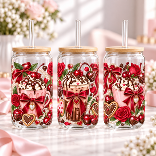 Cherry Mocha Romance clear 16oz glass can — three views; listing includes one cup