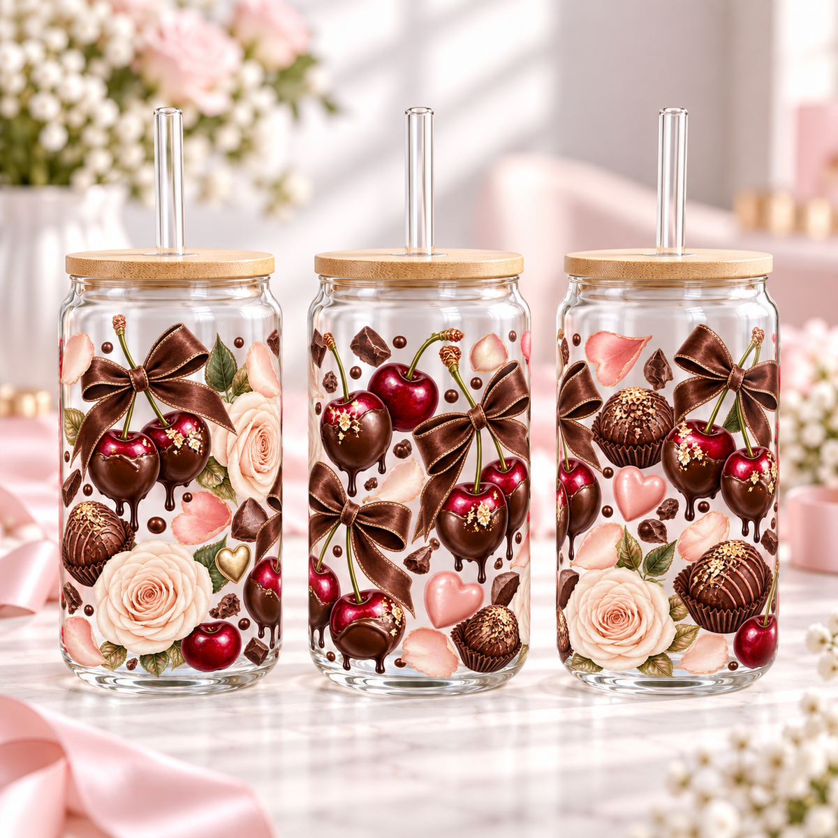 Dark Chocolate Cherry clear 16oz glass can — three views; listing includes one cup