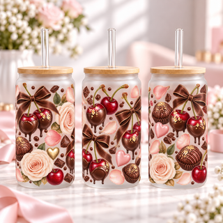 Dark Chocolate Cherry frosted 16oz glass can — three views; listing includes one cup
