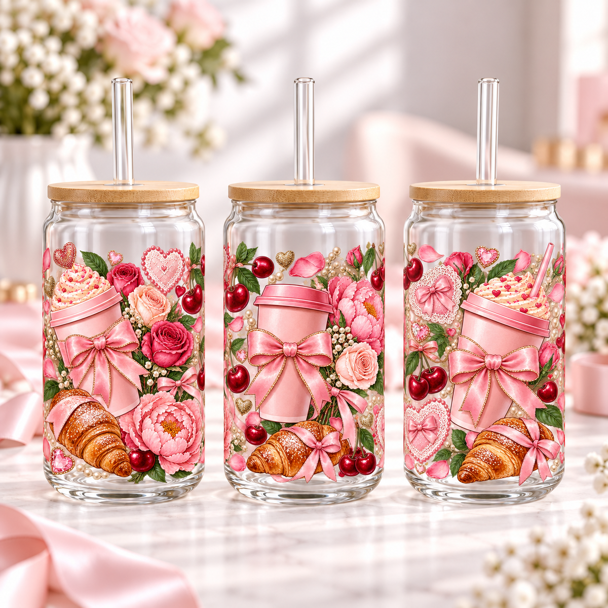 Floral Coffee Boutique clear 16oz glass can — three views; listing includes one cup