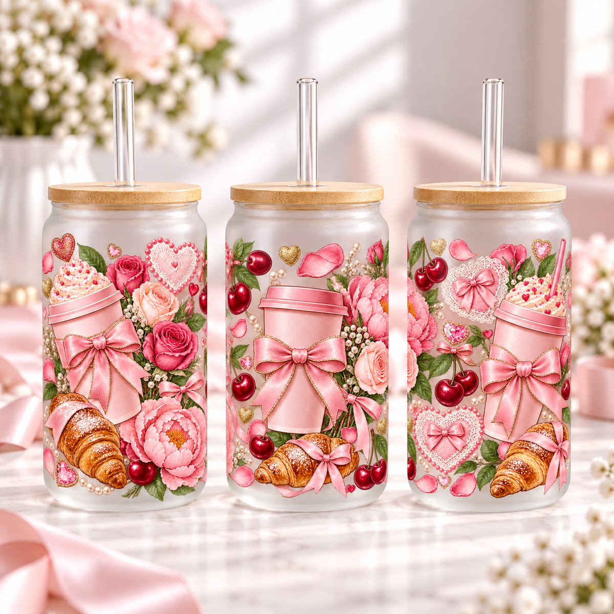 Floral Coffee Boutique frosted 16oz glass can — three views; listing includes one cup