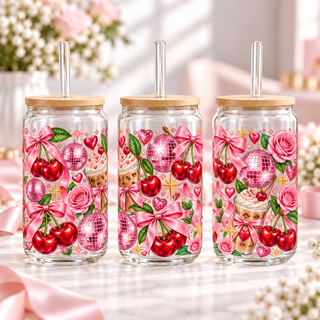 Glam Cherry Disco clear 16oz glass can — three views; listing includes one cup