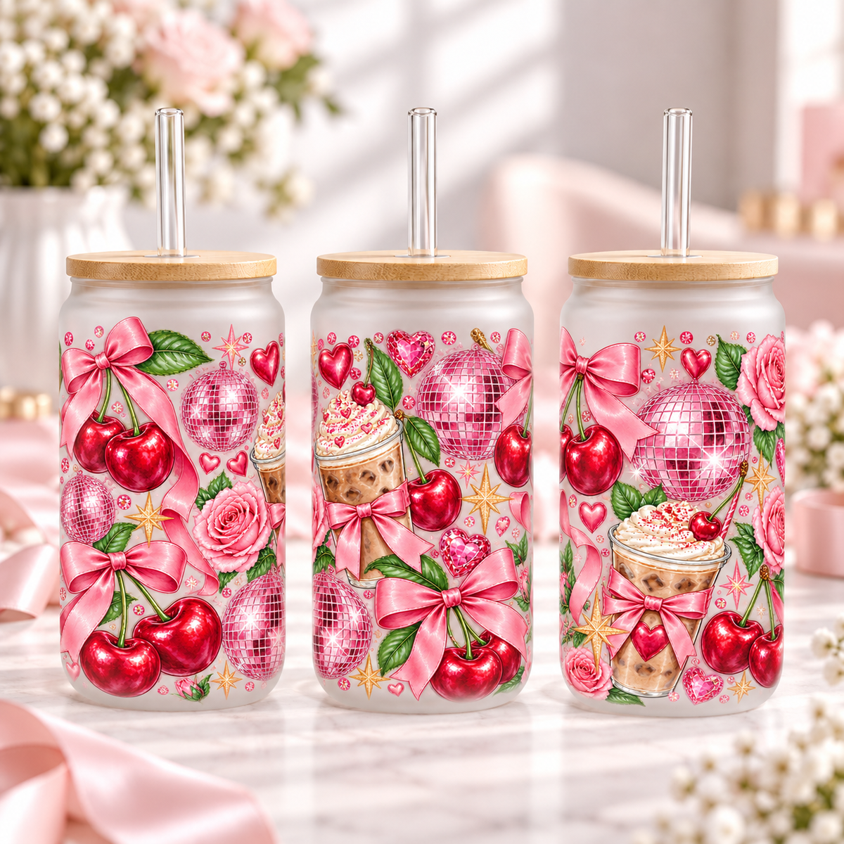 Glam Cherry Disco frosted 16oz glass can — three views; listing includes one cup