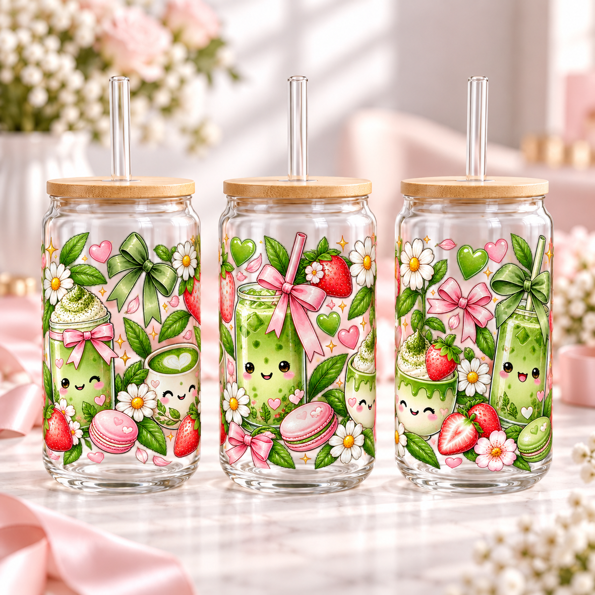 Kawaii Matcha Garden clear 16oz glass can — three views; listing includes one cup