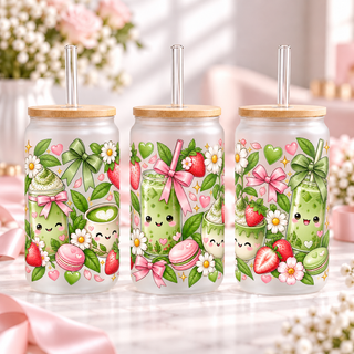 Kawaii Matcha Garden frosted 16oz glass can — three views; listing includes one cup