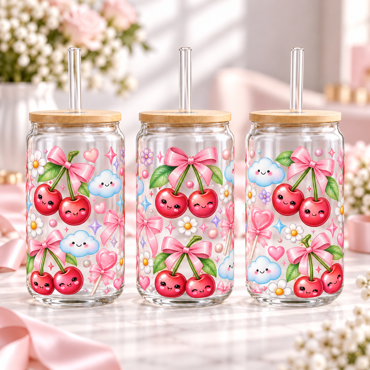 Kawaii Pastel Cherry clear 16oz glass can — three views; listing includes one cup