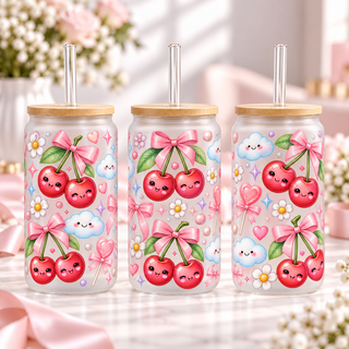 Kawaii Pastel Cherry frosted 16oz glass can — three views; listing includes one cup