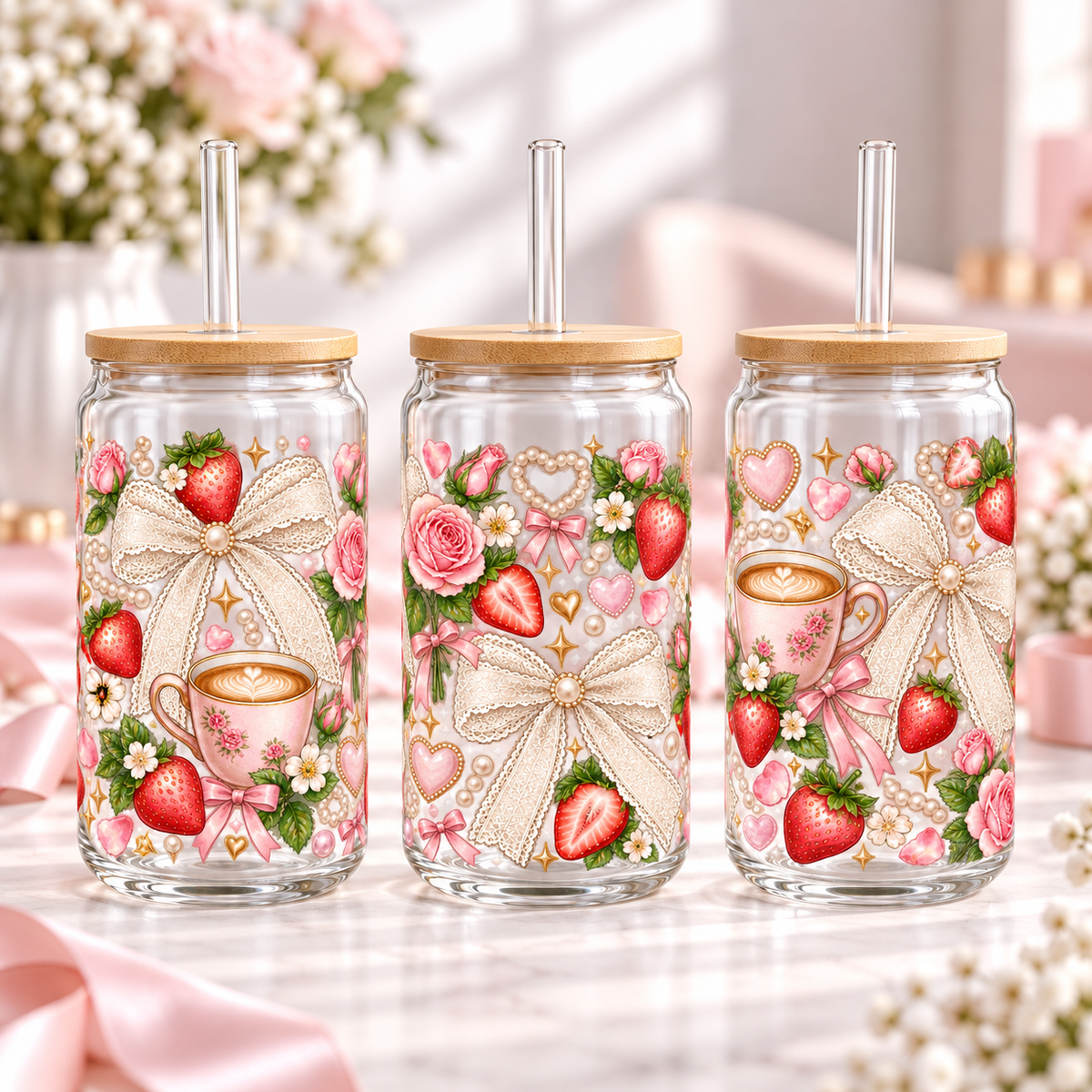 Lace Bows & Strawberries clear 16oz glass can — three views; listing includes one cup