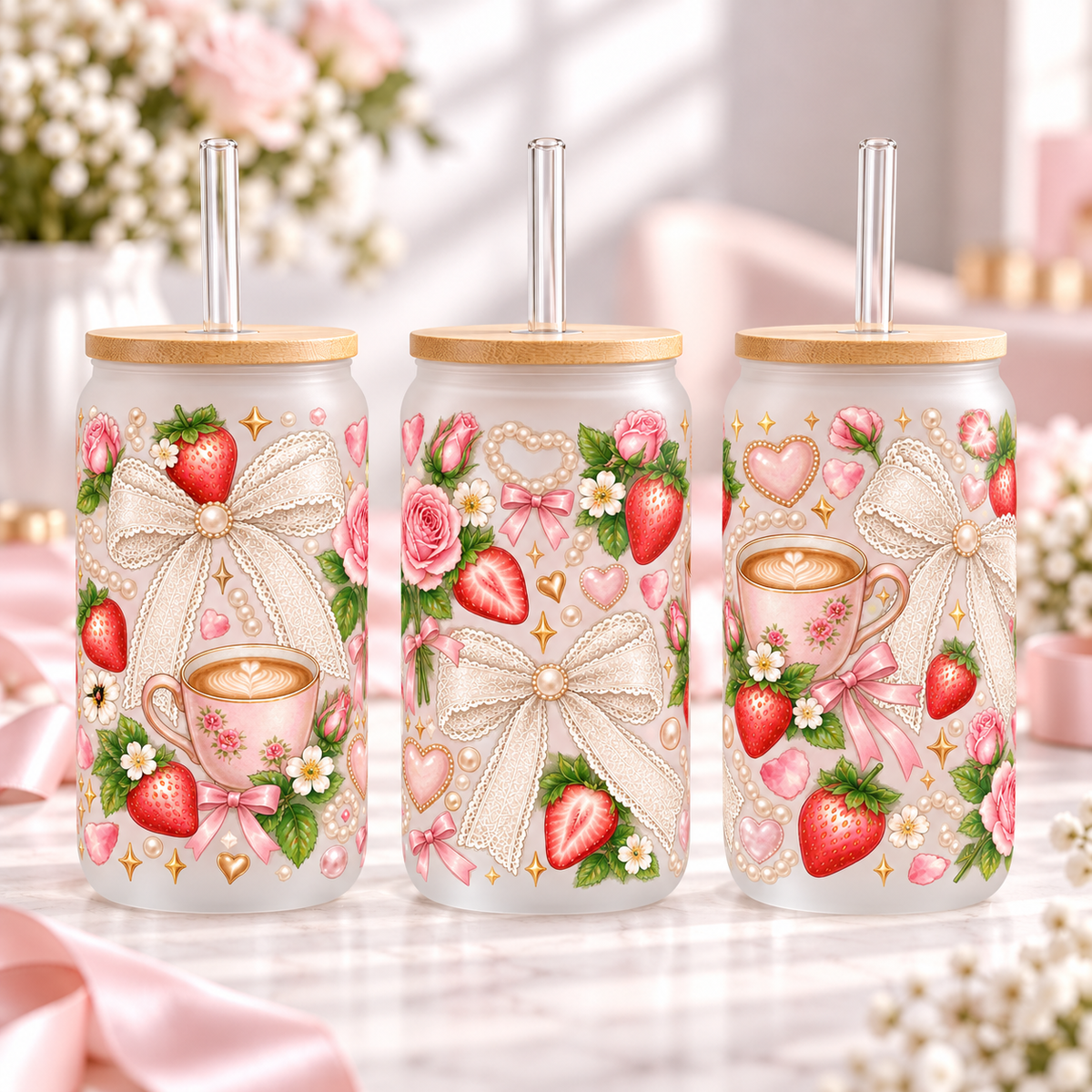 Lace Bows & Strawberries frosted 16oz glass can — three views; listing includes one cup
