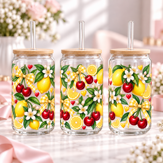 Lemon Cherry Summer clear 16oz glass can — three views; listing includes one cup
