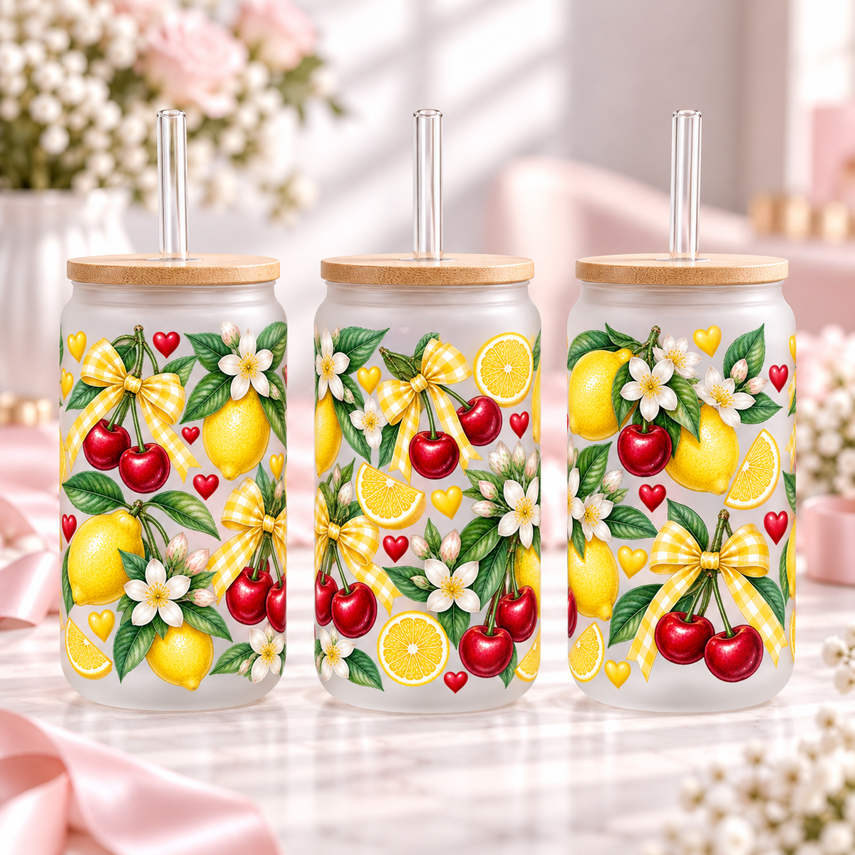 Lemon Cherry Summer frosted 16oz glass can — three views; listing includes one cup