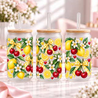 Lemon Cherry Summer frosted 16oz glass can — three views; listing includes one cup