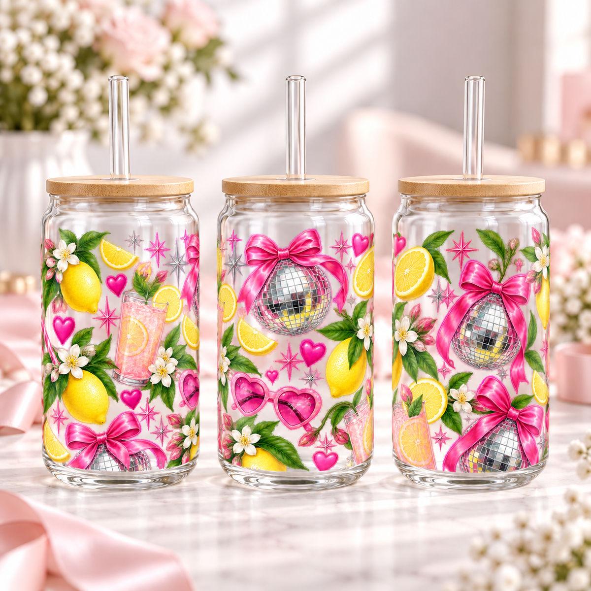 Pink Disco Lemon Blossom clear 16oz glass can — three views; listing includes one cup