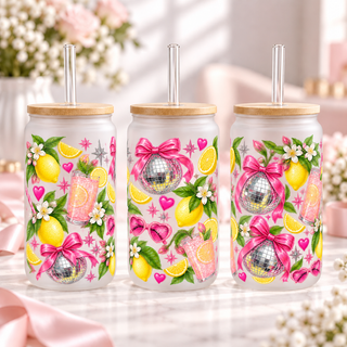 Pink Disco Lemon Blossom frosted 16oz glass can — three views; listing includes one cup