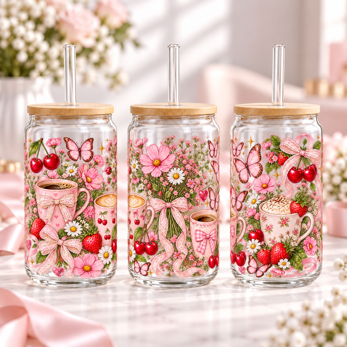 Pink Wildflower Coffee clear 16oz glass can — three views; listing includes one cup