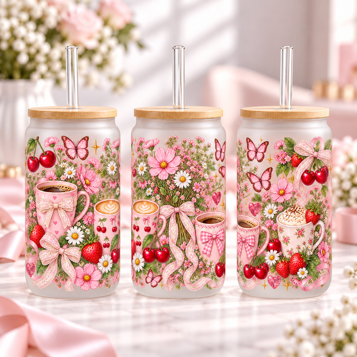 Pink Wildflower Coffee frosted 16oz glass can — three views; listing includes one cup