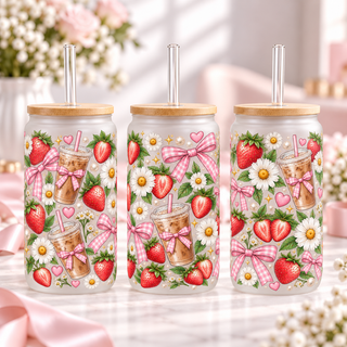 Strawberry Daisy Bows frosted 16oz glass can — three views; listing includes one cup
