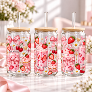 Strawberry Milk Sweets clear 16oz glass can — three views; listing includes one cup