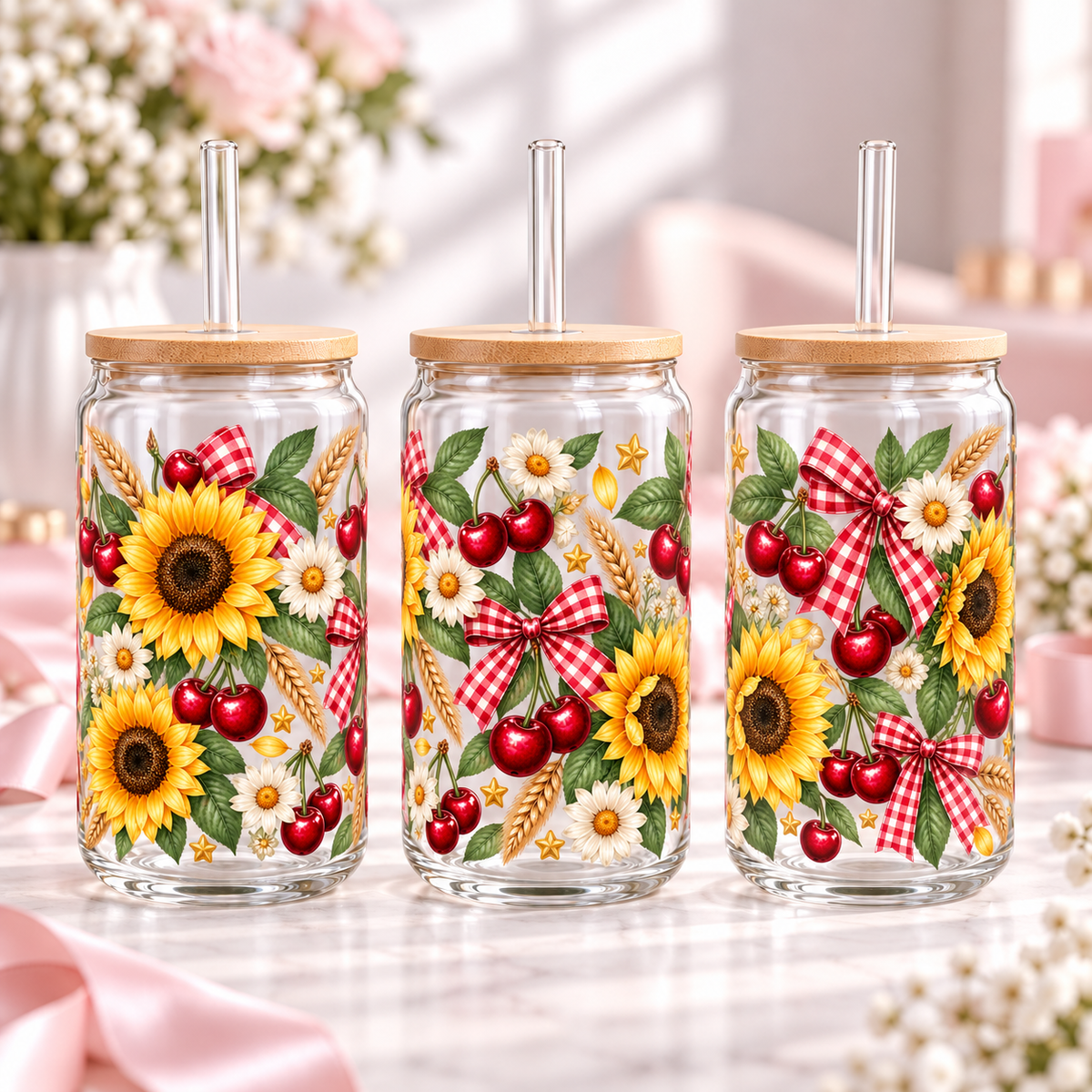 Sunflower Cherry Country clear 16oz glass can — three views; listing includes one cup