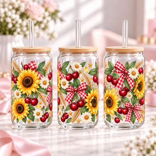Sunflower Cherry Country clear 16oz glass can — three views; listing includes one cup