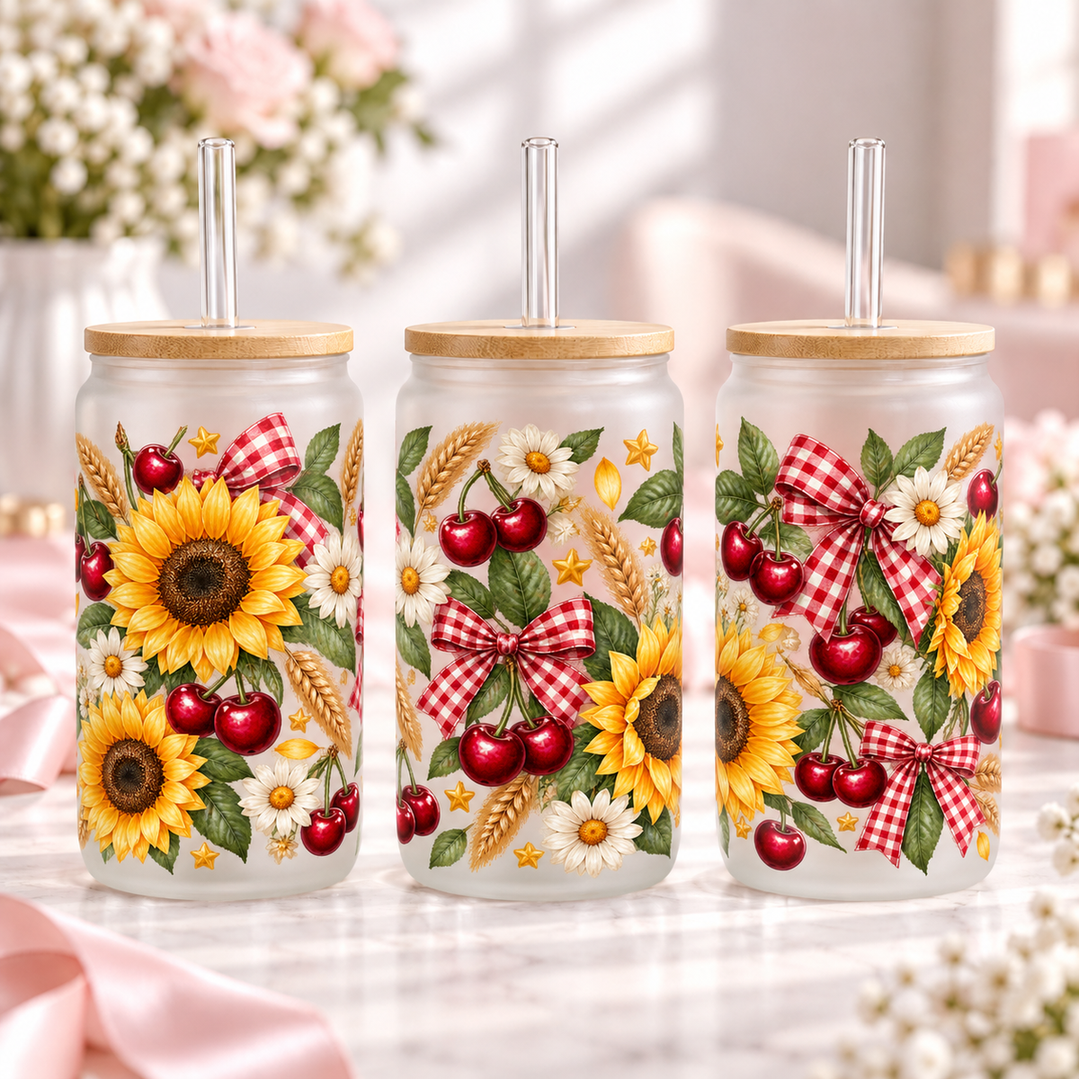 Sunflower Cherry Country frosted 16oz glass can — three views; listing includes one cup