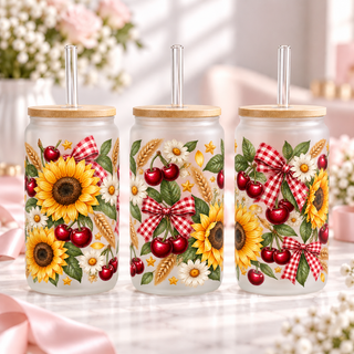 Sunflower Cherry Country frosted 16oz glass can — three views; listing includes one cup